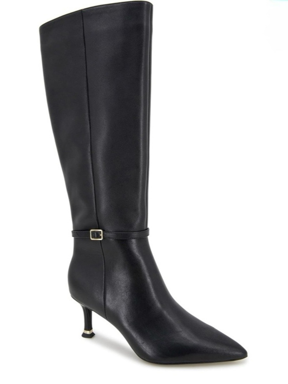 Kenneth Cole New York Black Pointed-Toe Knee-High Heeled Boots with Ankle Strap